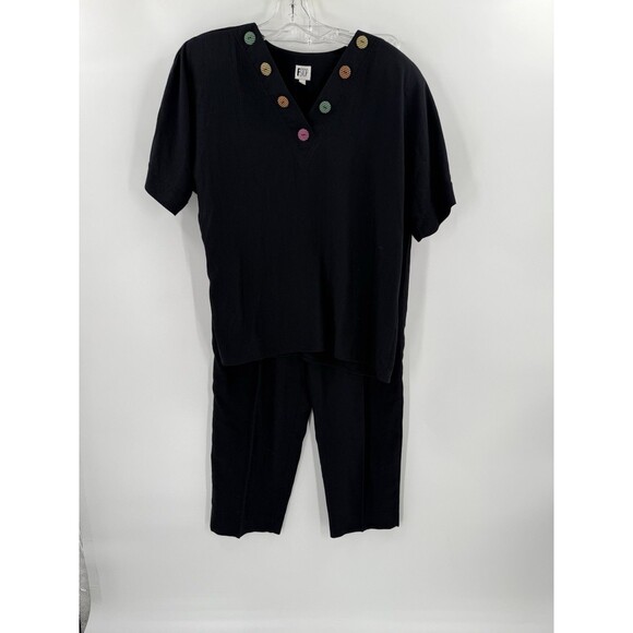 Vintage F Stop Black 2 Piece Outfit V Neck Short Sleeve Top Cropped Pants LARGE - Picture 1 of 14